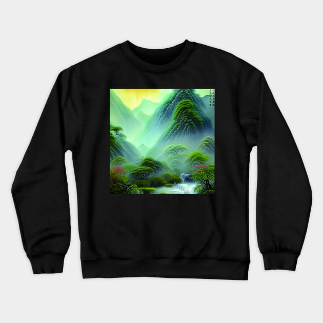 Digital Painting Scene Of a Lake Between Many Colorful Plants, Amazing Nature Crewneck Sweatshirt by Promen Art